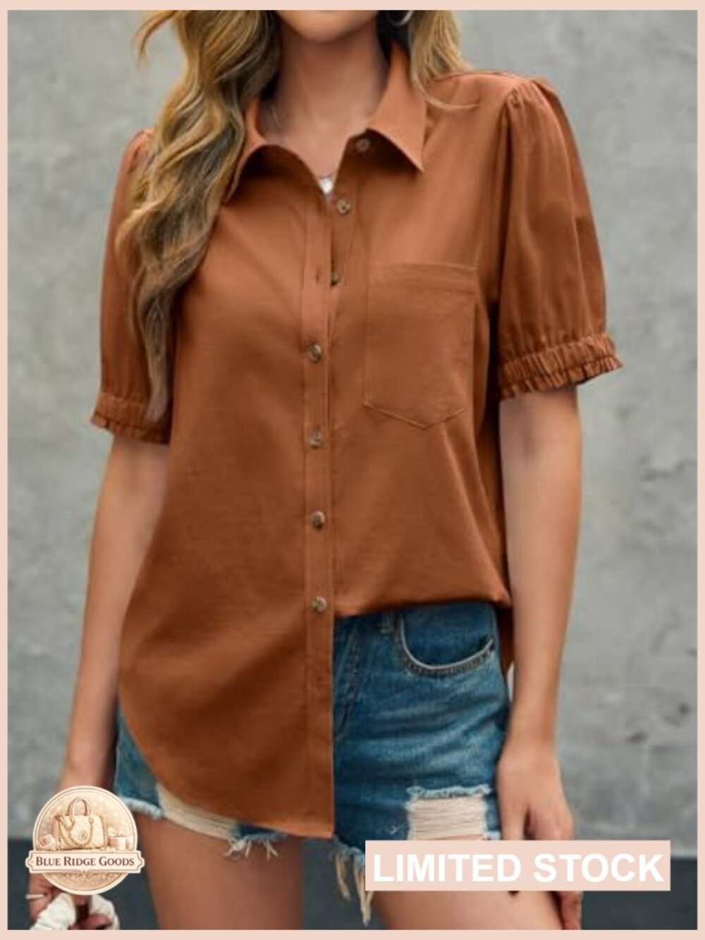 Puff Short Sleeve Button Down Shirt Casual Collared V Neck Linen Loose Fit - Picture 6 of 7
